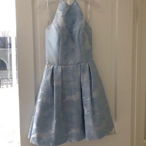 Sherri Hill baby blue damask halter dress